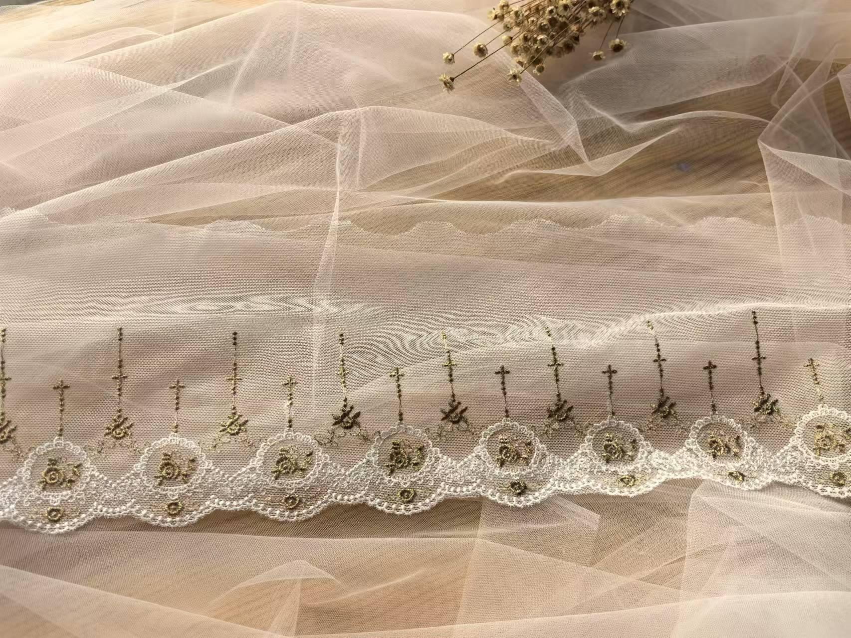 Gold Floral Cross Embroidery Lace Trim, Cotton Tulle (6.69 Inch