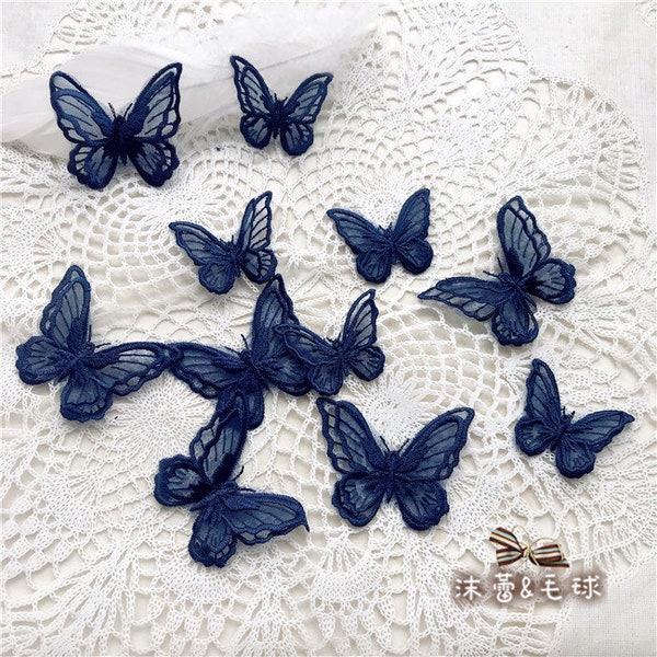 10 Stück Marine Blau Organza Schmetterling 3D Spitze Applikation Brautkleid Stickerei Patches Baby Stirnband Tutu Röcke Zubehör H0369