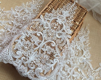 Ivory Floral Lace Trim Retro Embroidery Wedding Lace Trim 12.99" Wide 1 Yard S0218