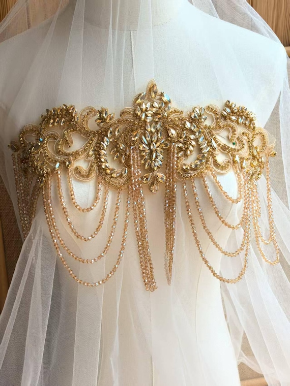 champagne sash for wedding dress Champagne Gold Rhinestone Bridal Applique - Beaded Crystal Tassels X0446  Rhinestone Applique Crystal Bridal Wedding Sash Belt