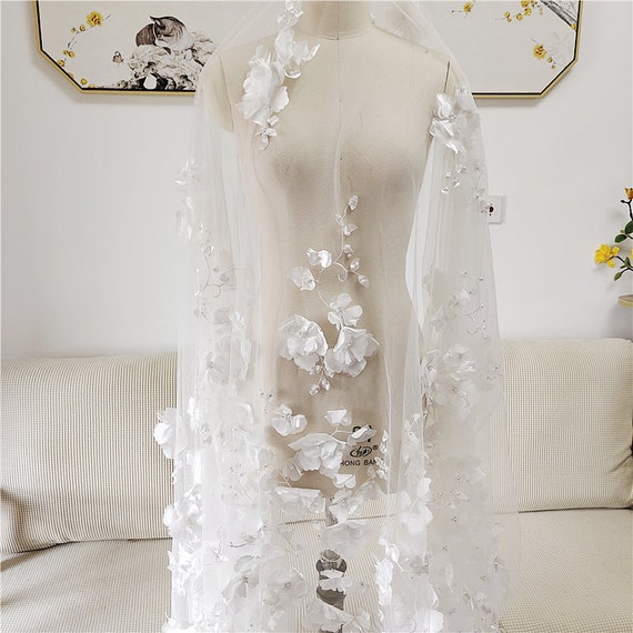Blue 3D Floral Lace Fabric, Embroidered Bridal Tulle (59