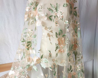 Tissu de dentelle florale beige/vert brodé tulle robe de mariée voile de mariée tissu de rideau 51 pouces de large 1 yard H0619