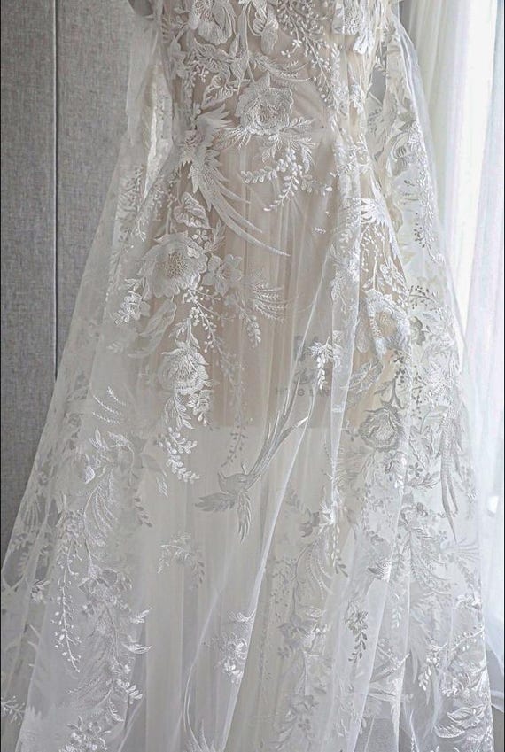 Ivory Bird Floral Embroidered Lace Fabric With Sequins  display picture 1