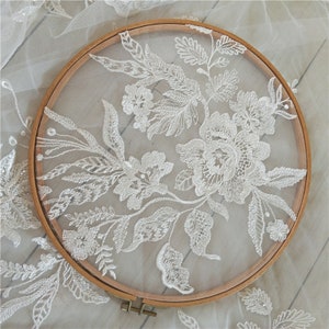 Ivory Floral Leaf with sequins Lace Fabric Embroidered soft Tulle Bridal Gown fabric Wedding Bridal Lace Fabric Bridal veil 1 yard H0491
