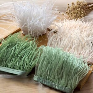 May include: An assortment of decorative feather trim in various colors, including white, pale pink, and shades of green. The feathers are arranged on a wooden tray, with a neutral background.