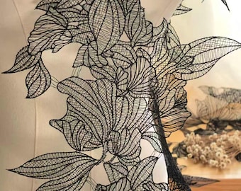 Black Alencon Floral Lace Trim, Delicate Embroidery, Wedding Applique - 1 Yard H0938 Tulle Gauze Bridal gown wedding lace bridal veil