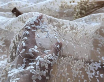 SALE Ivory Lace Fabric Floral Cotton Embroidered Tulle Fabric Wedding Dress Bridal Fabric Veil Lace Curtain Fabric 53&#39;&#39; Wide 1 Yard B081