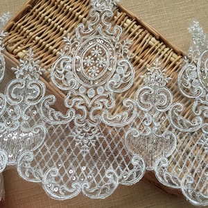 Ivory Floral Lace Trim Alencon lace Retro Embroidery with Sequins Wedding Lace Trim bridal veil lace bridal gown lace 9.84&quot;  1 Yard S0223