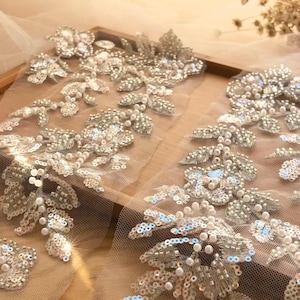 Silver Lace Pearl Applique, 3D Embroidered Flower Patches (Pair) X0351 Tulle Gauze Bridal gown wedding lace bridal veil