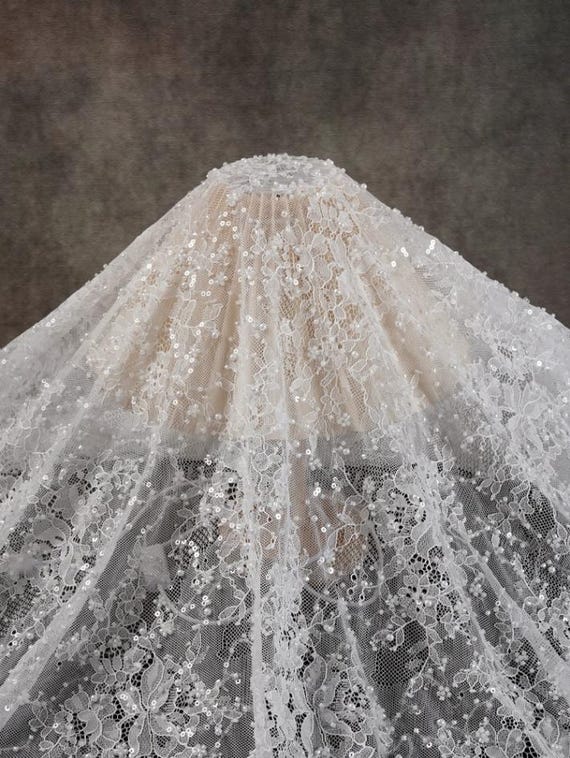 3D Beaded Ivory Floral Lace Fabric: French Chantilly Eyelash  display picture 1