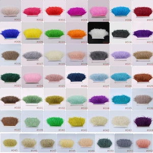 May include: A collection of colorful feather trim strips, each with a unique hue. The palette includes shades of pink, red, blue, green, and more. Each strip is labeled with a number, offering a wide variety for craft projects.