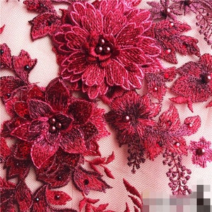 Wine Red 3D Beaded Pearl Floral Lace Appliques Delicate Wedding Trim Embroidery Tulle Collar Wedding Bodice Veil Accessories S0692
