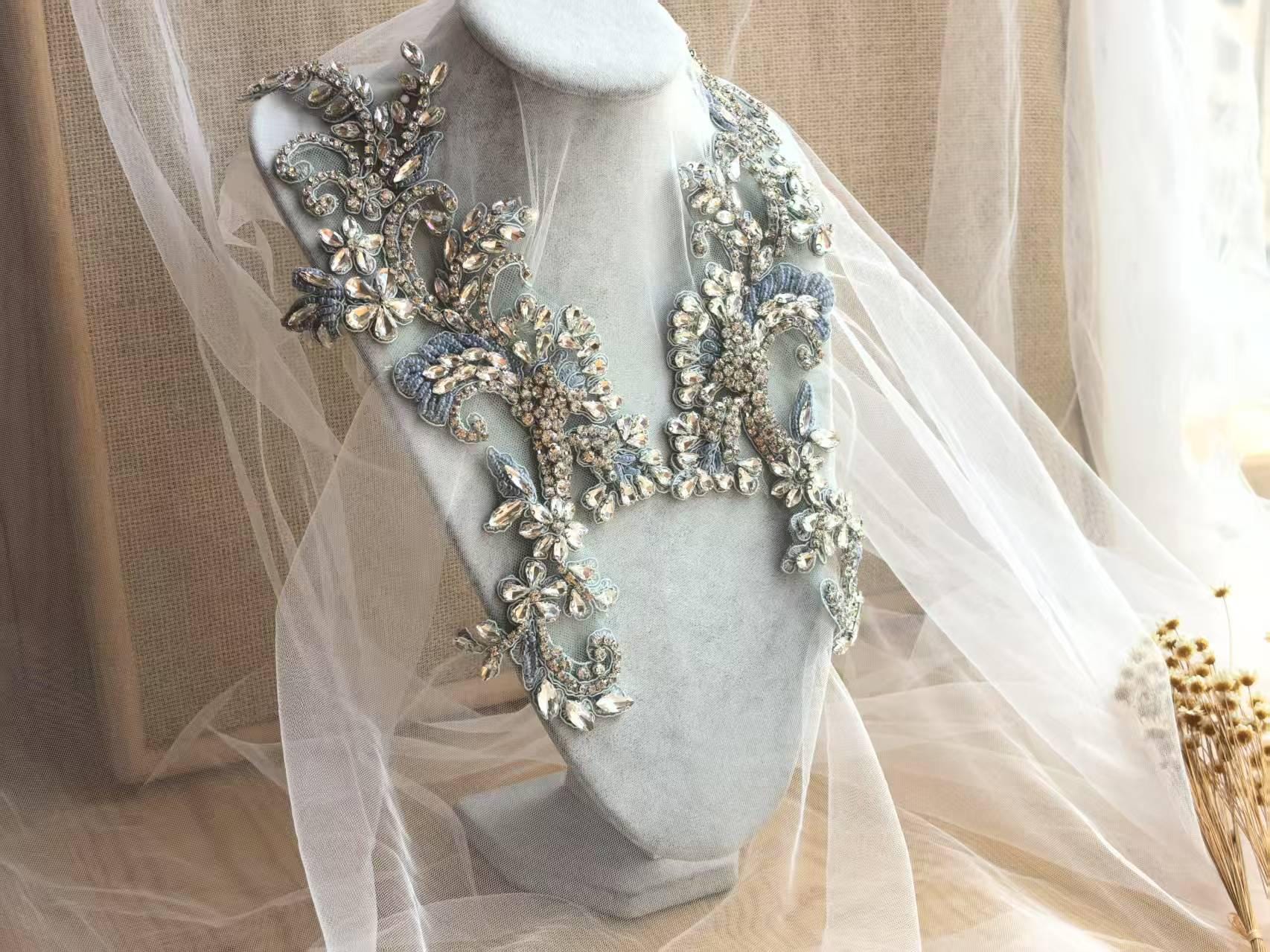 7363 Crystal Rhinestone Applique Belt Bridal Wedding Dress Blue Sky Blue Rhinestone Applique Evening Dress Handmade Couture  main image 4