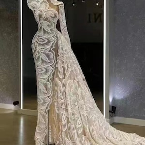 3D Beaded Ivory Large blossom Floral Lace Fabric with sequins Embroidered wedding Veil wedding Dress bridal veil fabric 47&quot; 1 Yard X0749