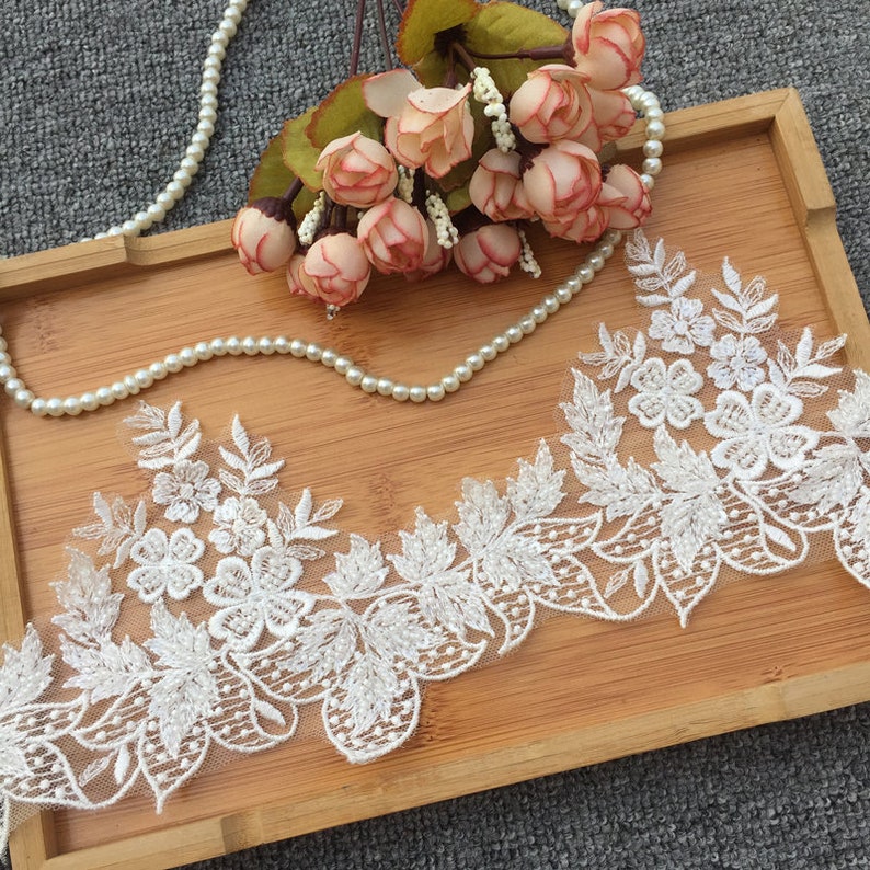 Ivory Floral Beaded Lace Trim Bridal Veil Trim Bridal Wedding Etsy