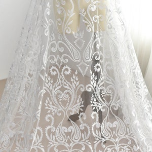 Ivory Floral Lace Fabric Embroidered Lace Veil Gauze wedding Dress Garment accessories 51&quot; wide S0732
