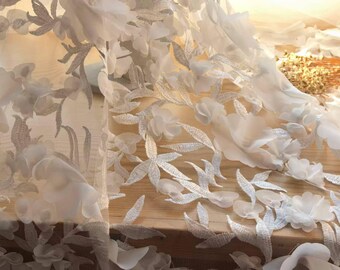 3D Floral Chiffon Lace Fabric, Ivory Wedding Bridal Gown Lace (51'' Wide) H0617 Tulle Gauze Bridal gown wedding lace Bridal Veil