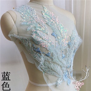 Luxury 3D Blue Beaded Lace Applique With Sequins Embroidery Patches Trim Collar Bridal Gown Wedding Bodice Bridal Veil Accessories S0750