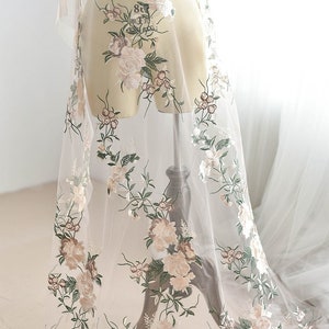 1 Yard Green Leaf Peony Floral Champagne Tulle Bridal Gown Lace Applique Fabric Embroidery Collar Wedding Bodice Bridal Gown Hem dress S0713