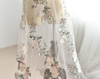 1 Yard Green Leaf Peony Floral Champagne Tulle Bridal Gown Lace Applique Fabric Embroidery Collar Wedding Bodice Bridal Gown Hem dress S0713