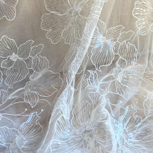 Ivory Leaf Branch Lace Tulle with Sequins Fabric Applique Lace Fabric Embroidered Wedding Gown Bridal Dress 53&quot; 1 yard X0355