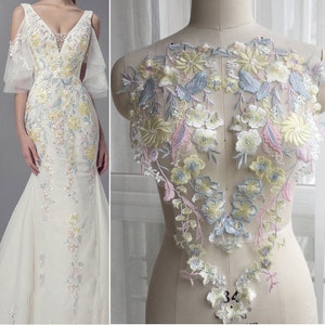 1 Pair Blue & Yellow Floral Lace Appliques Trim Embroidery Tulle Trim Collar Bridal Gown Accessories  S0923