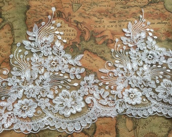 Ivory Floral Lace Trim Retro Embroidery Wedding Lace Trim 7.87" Wide 1 Yard S0222