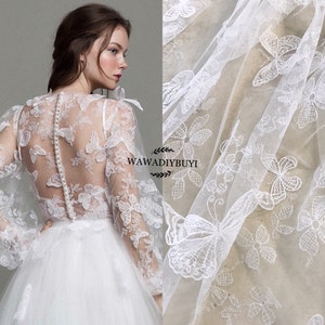 White Butterfly Floral Lace  Fabric Embroidered Tulle Bridal Gown fabric Wedding Bridal Lace Fabric 47&quot; H0443