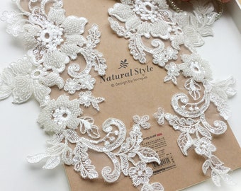 1 pair Luxury 3D Ivory Beaded Lace Applique Embroidery Patches Trim Collar Bridal Gown Wedding Bodice Bridal Veil Accessories S0888