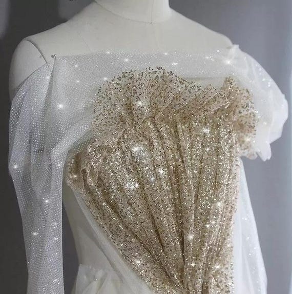 golden dress material Golden Sequin Lace Fabric, 3D Hot Drilling Tulle, 59'' Wedding Dress  Material X0697 Tulle Gauze Bridal Gown Wedding Lace Bridal Veil