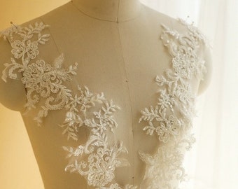 Ivory 3D Beaded Lace Applique - Floral Embroidery Bodice Patch H0753 Tulle Gauze Bridal gown wedding lace bridal veil