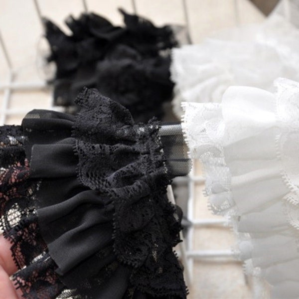 3 Row Layer Chiffon  Lace Trim  Fold Ruffled Accessory 3.14 Inches Wide 1 Yard B072