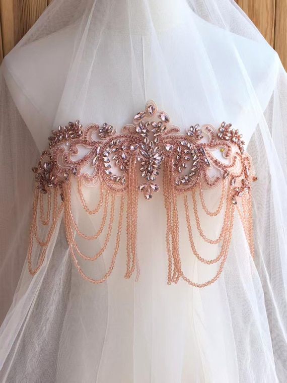 champagne sash for wedding dress Retro Champagne Sash with 3D Floral Pleats A-line Wedding Dress for the  Bride