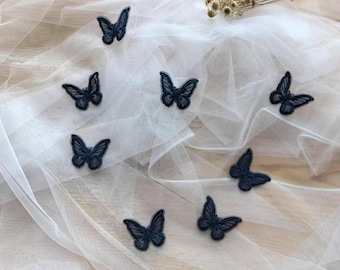 Navy Blue Organza Butterfly Applique, 3D Lace Embroidery Patches (10 Pieces) H0369 Tulle Gauze Bridal gown wedding lace bridal veil