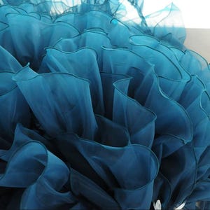 May include: Close-up of a teal fabric with multiple layers of ruffled edges. The fabric appears to be a sheer material, with a darker teal trim along the edges of the ruffles. The overall effect is a voluminous, textured design.
