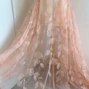 3D Beaded Blush/pale blue spiral Floral 3D Blossom Lace Fabric Embroidered Tulle bridal Dress wedding dress French wedding Lace 59&quot; X0791