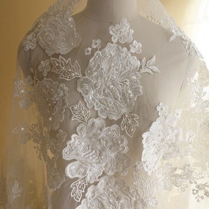 3D Beaded Ivory Leaf  Floral Lace Tulle with Sequins Fabric Applique Lace Fabric Embroidered Wedding Gown Bridal Dress Bridal veil X0357