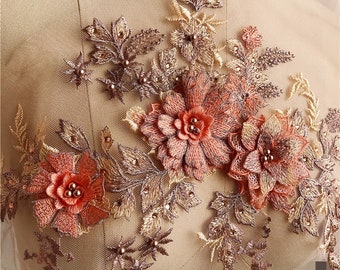 Orange 3D Floral Lace Applique, Beaded Pearl Wedding Trim S0692 Tulle Gauze Bridal gown wedding lace bridal veil