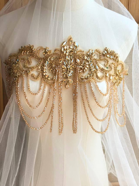 1 Pcs Dark Green Champagne Deluxe 3D Rhinestone Beaded Tassels Crystal Applique Bridal Wedding Dress Sash Bridal Belt Headband Straps X0446
