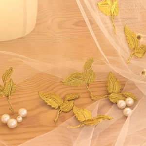 Golden Vine Leaf Appliques, Iron On Lace Embroidery Patches (50 pcs) X0380 Tulle Gauze Bridal gown wedding lace bridal veil