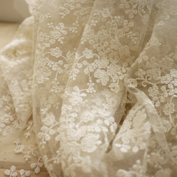 Ivory Lace Fabric Floral Embroidered Tulle Fabric Wedding Dress Bridal Lace Fabric Veil Lace Curtain Fabric 47'' Wide 1 Yard S074