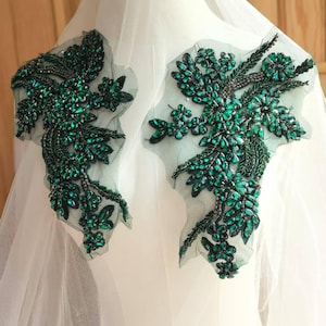 Emerald Green Rhinestone Applique: Gold Beaded Crystal, Bridal Accessories H0781 Rhinestone Applique Crystal Bridal Wedding Sash Belt