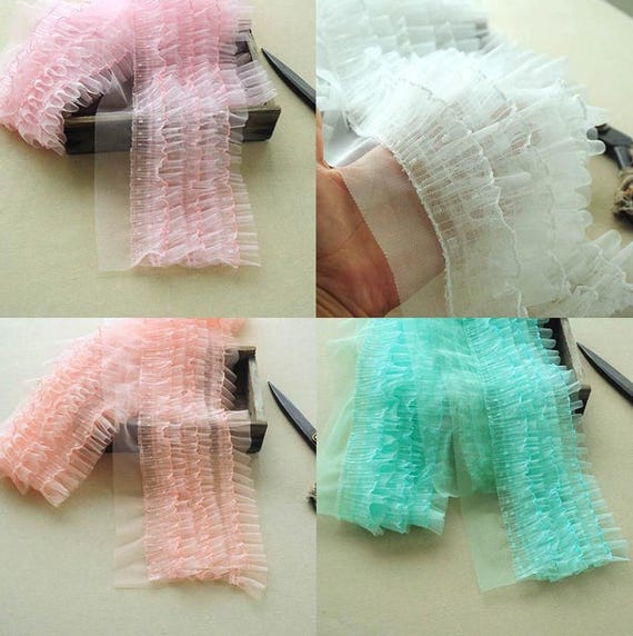 Ruffled Frill Trim: White, Pink, Mint Green, 7.87