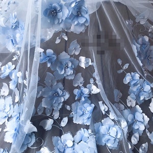 Light Blue 3D Pearl  Floral Lace  Fabric Embroidered Tulle Bridal Gown fabric Wedding Bridal veil Lace Fabric wedding bridal gown 51&quot; H0552