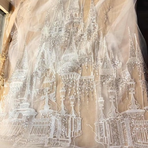 Star Moon with sequins paillette castle ivory tulle Lace Fabric Embroidered Lace Veil Gauze wedding Dress Garment 51" One row floral H0593