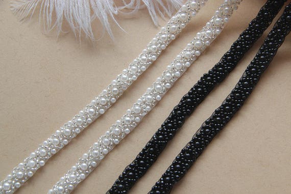 Pearl Beaded Lace Trim With Rhinestones, Rhinestone and Pearls Beading Trim  by the Yard 