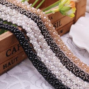 Beaded Pearl Lace Trim, Rhinestone Bridal Sash - 0.39" (1 Yard) L0318 Tulle Gauze Bridal gown wedding lace bridal veil