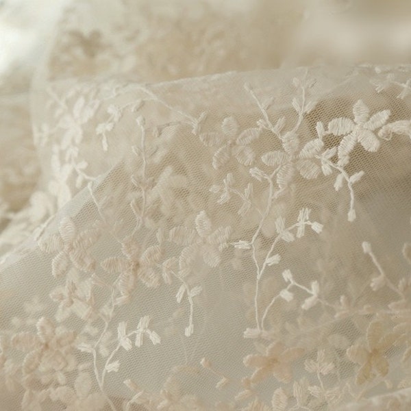 Ivory Lace Fabric Floral Cotton Embroidered Tulle Fabric Wedding Dress Bridal Lace Fabric Veil Lace Curtain Fabric 53'' Wide 1 Yard B081