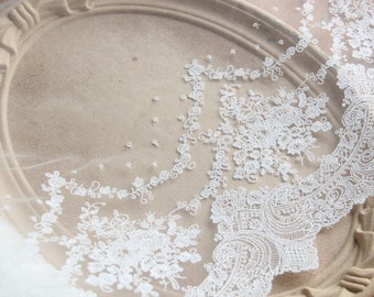 Ivory Floral Bridal Veil Lace Trim Bridal Wedding Fabric Applique 13.77" Wide 1 yard X0336