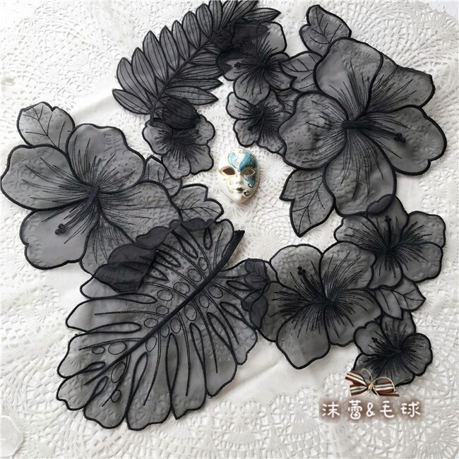 Black/ White Vivid Organza Floral Leaf Lace Applique